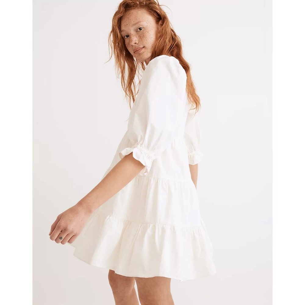 Madewell NWT Poplin Lizzie Babydoll Dress 12 Puffed Sleeves-Tiered Lighthouse - Picture 2 of 15